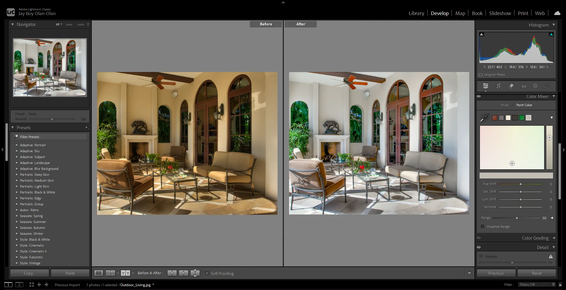 Before and after real estate photo edit of a covered patio seating area, with color mixer adjustments