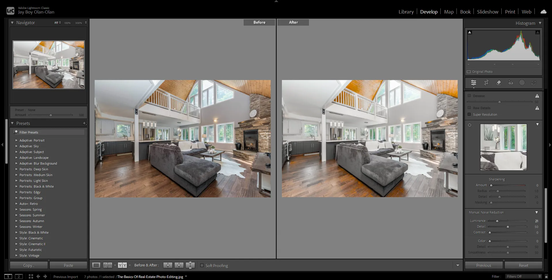 Before and after real estate photo edit of a vaulted-ceiling living room with fireplace, with color and sharpening adjustments