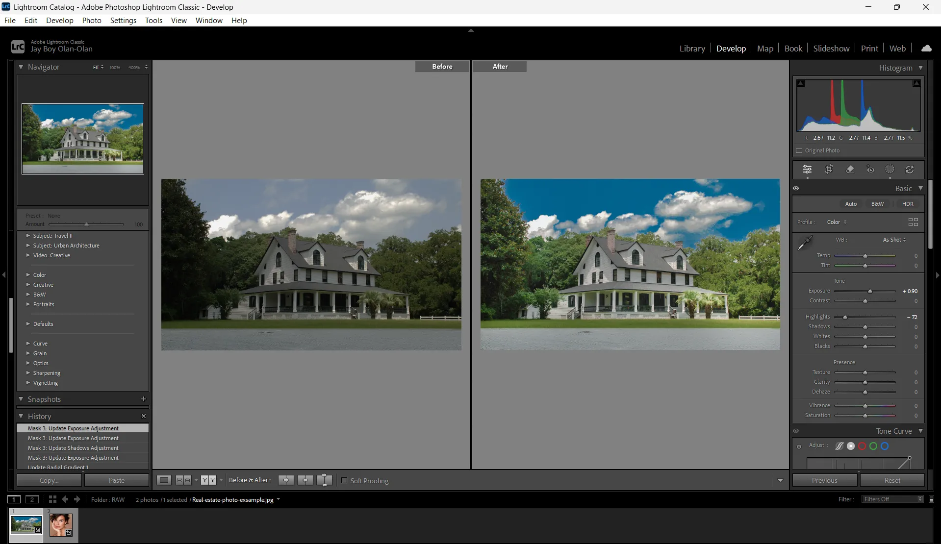 Before and after real estate photo edit of a farmhouse exterior, with brightened exposure and enhanced sky color