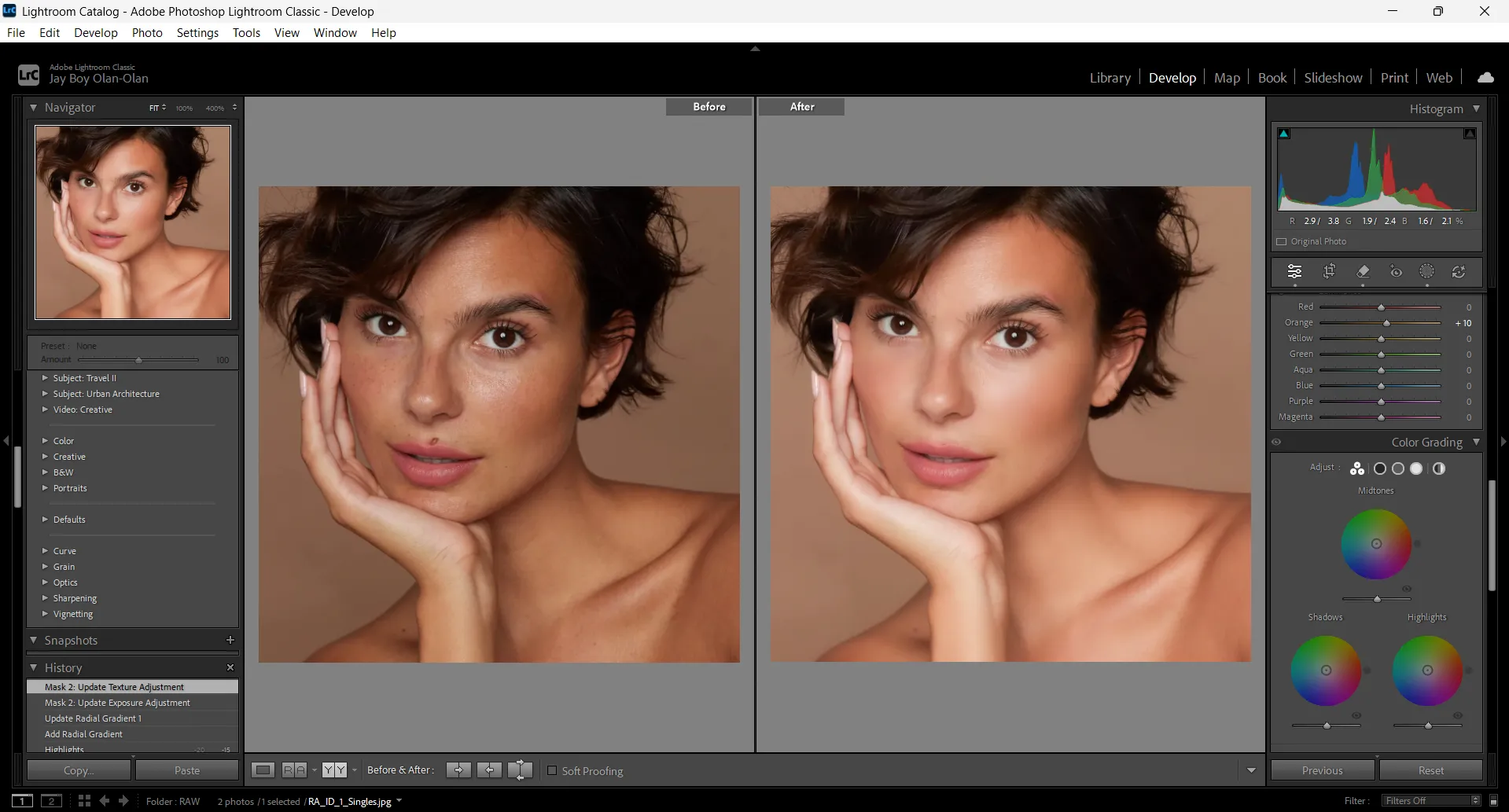 Before and after portrait retouch with skin tone smoothing and color grading in Lightroom