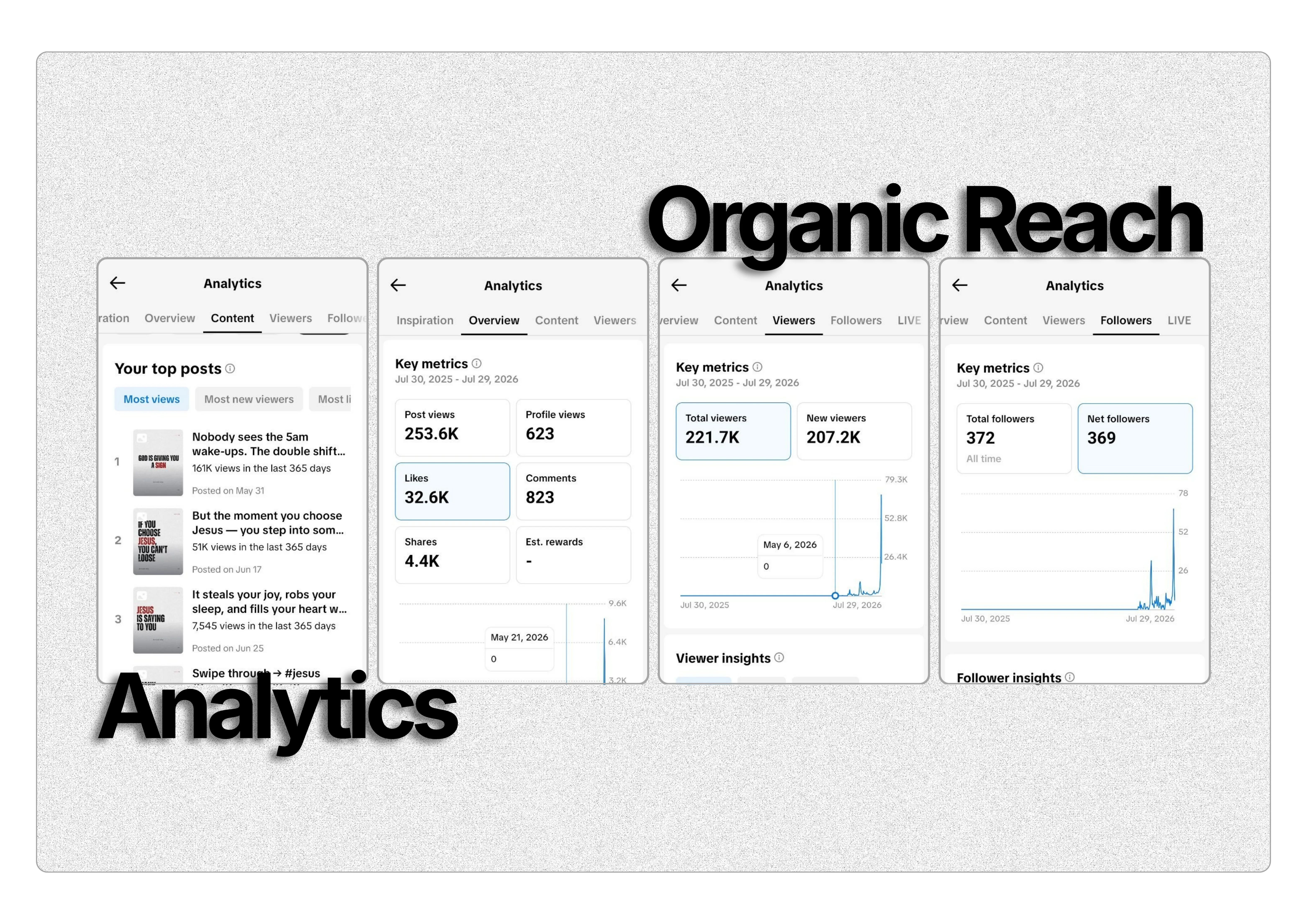 TikTok analytics overview showing 253.6K post views, 221.7K viewers, and 372 total followers over a 12-month period