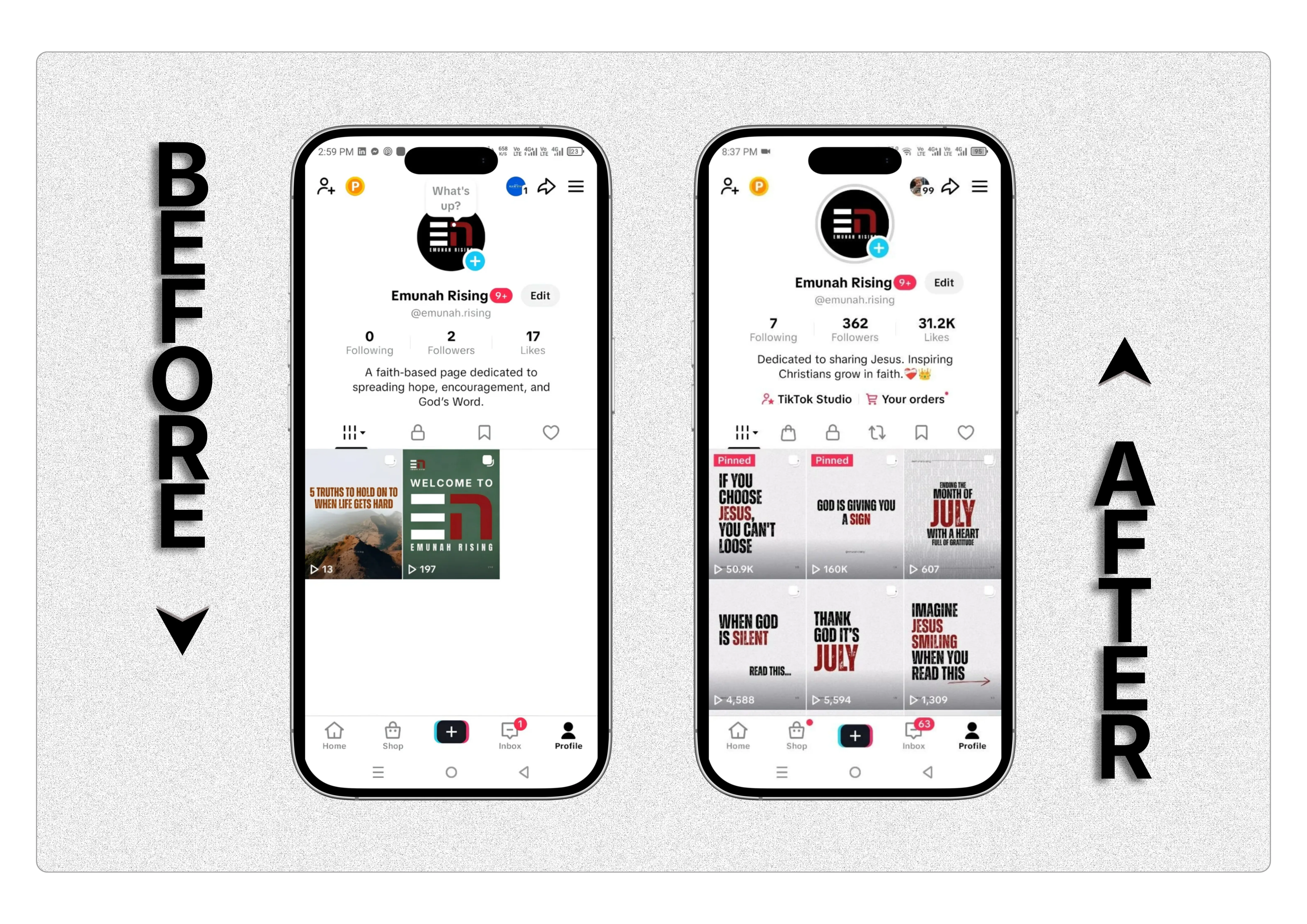 Emunah Rising TikTok profile before and after: follower count grew from 2 to 362, with pinned posts reaching up to 160K views