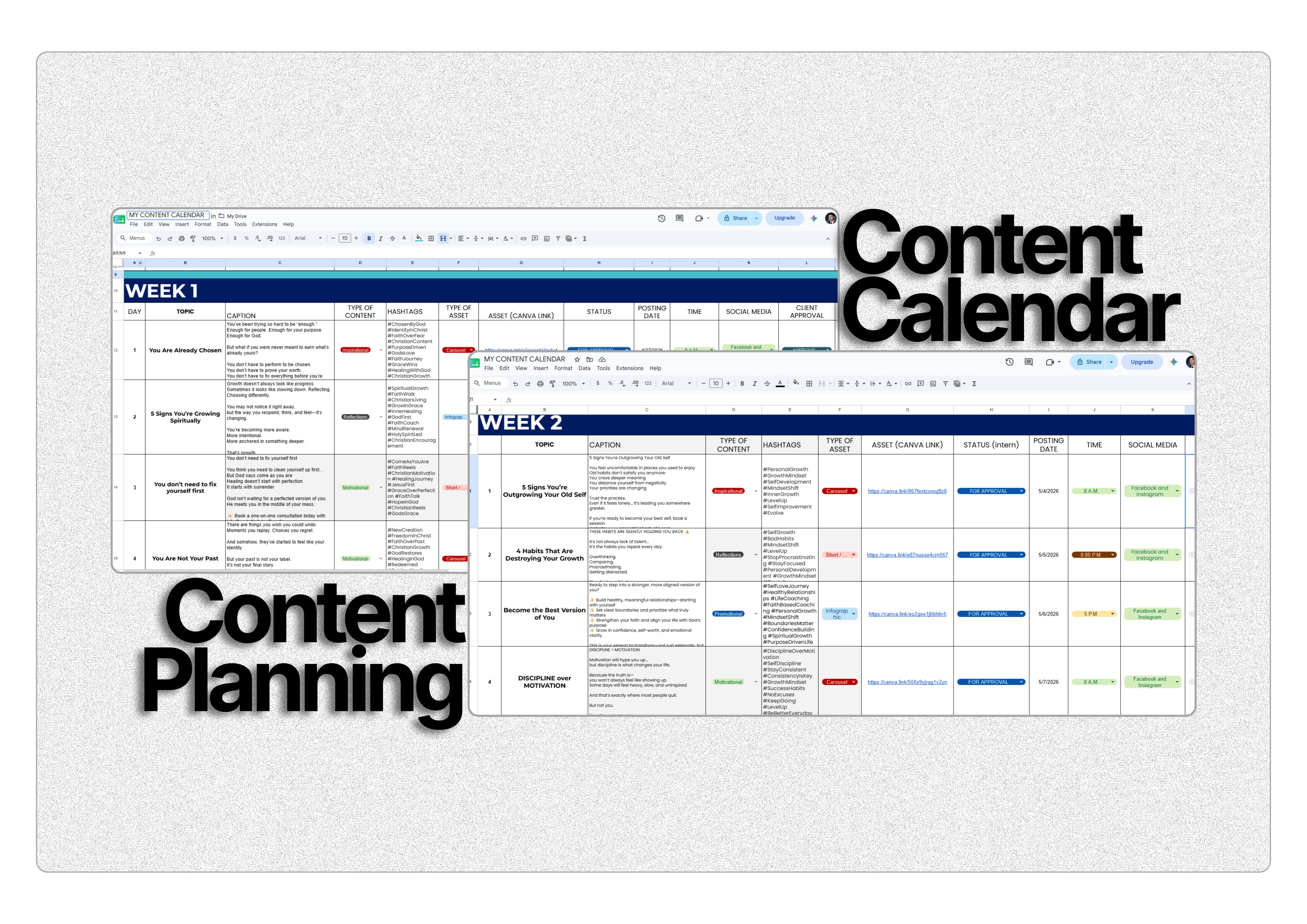 Weekly content calendar spreadsheet with topics, captions, hashtags, and posting schedule for each piece of content