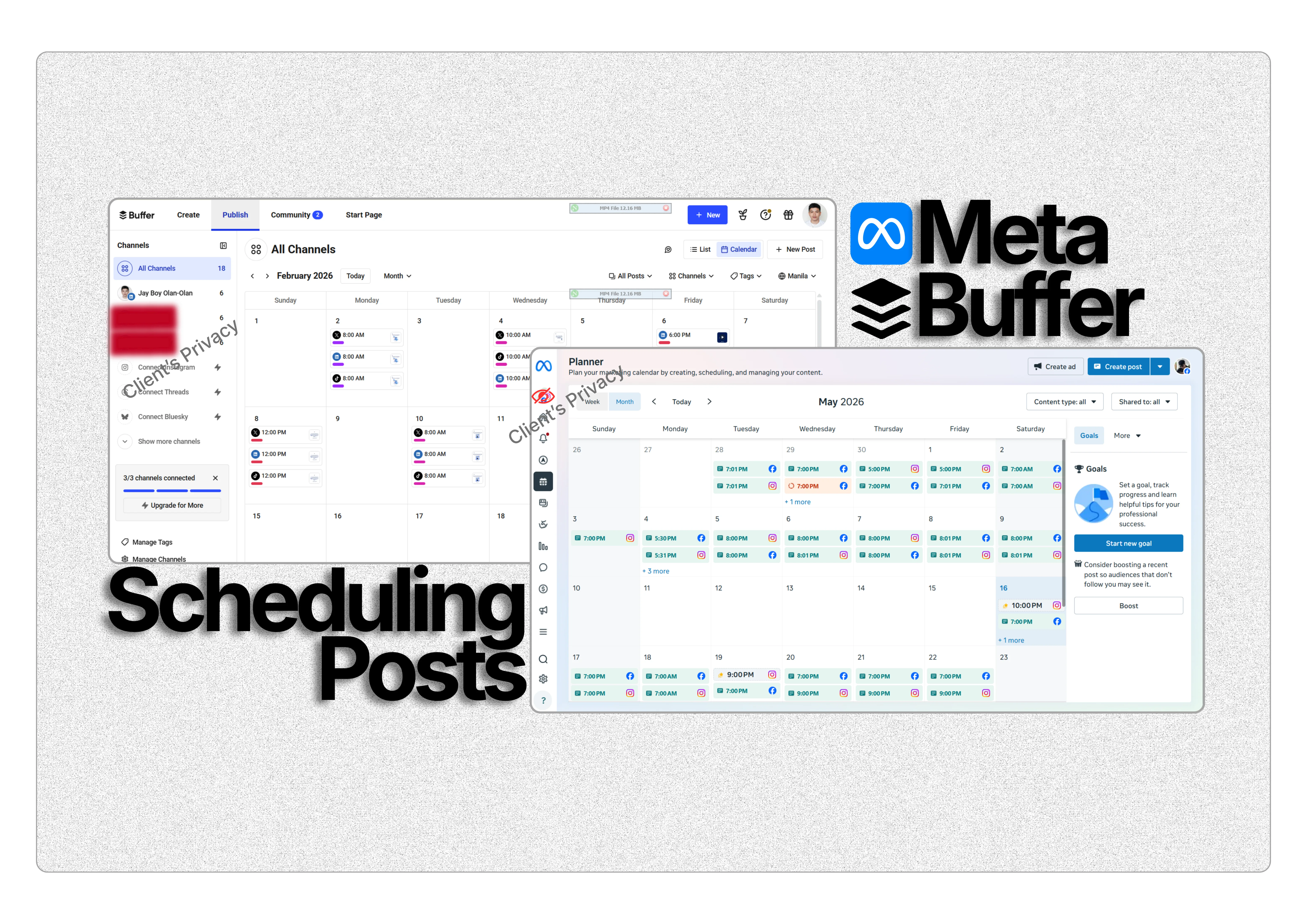 Meta Business Suite and Buffer calendars showing posts scheduled across Facebook and Instagram
